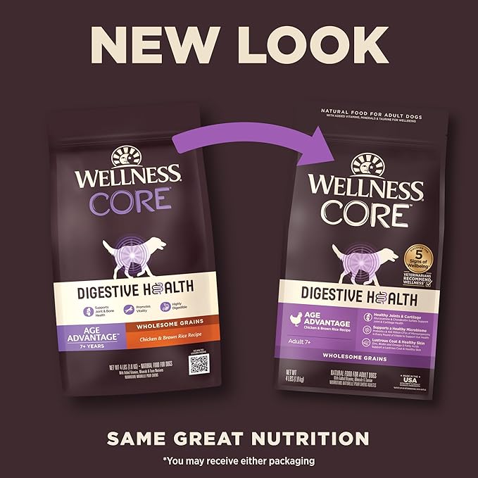 Wellness CORE Digestive Health Age Advantage Senior Dry Dog Food, Wholesome Grain Kibble, Sensitive Stomach, Natural, High Protein, Chicken and Brown Rice Recipe, 4 lb Bag