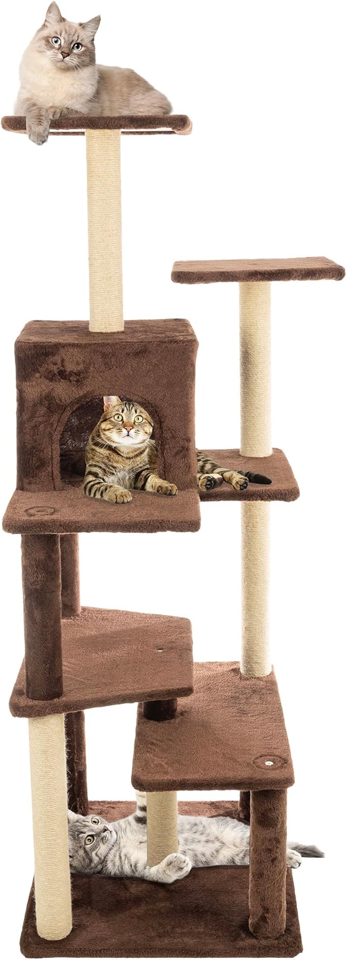 64 Inch Tall Cat Tree Tower - Cat Tower with Kitten Condo, Climbing Perches, and 5 Jute Rope Scratching Posts - Multi-Level Kitten Tree and Climbing Activity Furniture by PETMAKER (Brown)