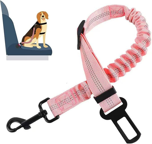 Dog Seat Belt for Car Adjustable Dog Safety Belt Leash, 2 in 1 Latch Bar Attachment Dog Car Seatbelt with Elastic Nylon Bungee Buffer, Reflective Nylon Belt Tether Connect to Dog Harness 19-32in(Pink)