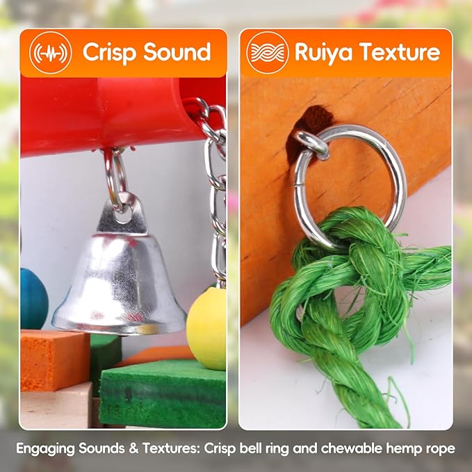 Cockatiel Toys,Natural Wood Bird Toys - 13.7" Interactive Shredding and Chewing Toy for Conures & Parakeets, Small to Medium Parrots Foraging Toys for Cage with Red Pipe & Silver Bell, Beak Health