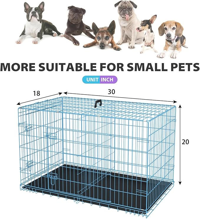 Extra Large Portable Dog Crate - Double-Door Folding Metal Wire Kennel with Removable Tray - Ideal for Medium Sized Dogs, Small Dogs & Travel (Blue, 30")