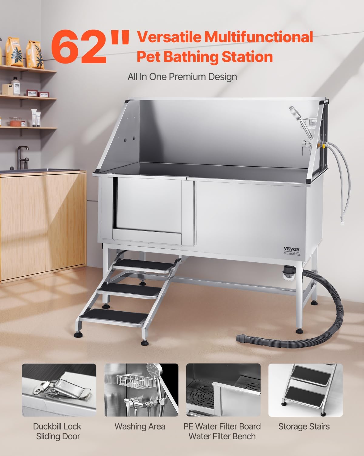 VEVOR Stainless Steel Dog Washing Station, Professional 62 inch Pet Grooming Tub w/Stairs, PE Water Filter Board, Faucet & Showerhead & Soap Holder Bathtub for Large & Medium & Small Pets (Left Door)