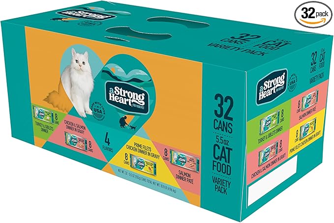 A Strong Heart Canned Wet Cat Food, Dinner Variety Pack - 5.5 oz Cans (Pack of 32), Made in The USA with Real Chicken, Turkey & Salmon