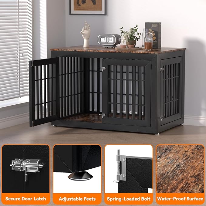 Snuowu 48" Heavy-Duty Dog Crate Furniture for Large Dogs, XXL Wooden Dog Cage Kennel Indoor Furniture, Decorative Pet House End Table, Black & Wood