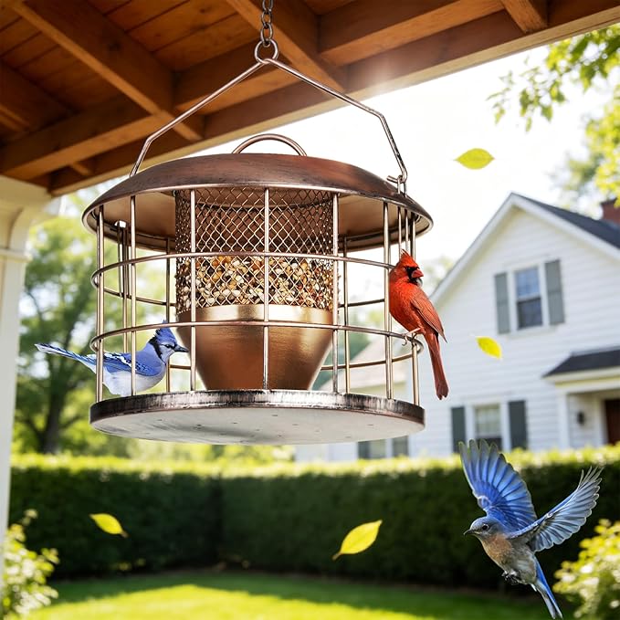 Metal Caged Bird Feeder, Squirrel Proof Bird Feeders for Outdoors Hanging, Wild Birds Feeder for Small Sparrows Finchs, Squirrel Chew-Proof Birdfeeder for Outside Backyard Birding Watching Gifts
