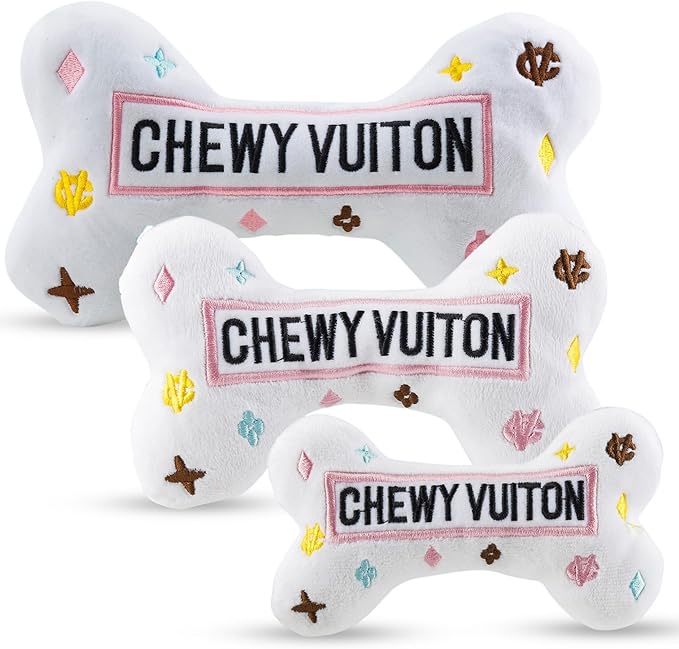 Haute Diggity Dog Chewy Vuiton Bone Plush Squeaky Dog Toy, Soft Durable Designer-Inspired Stuffed Puppy Chew Toys for Small & Medium Dogs, Machine-Washable (White) Small