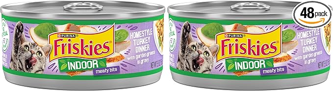 Friskies Purina Indoor Cat Food Meaty Bits Homestyle Turkey Dinner with Garden Greens in Gravy - 5.5 oz. Cans (Pack of 48)