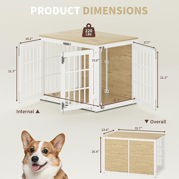 33" Heavy Duty Dog Crate Furniture, Wooden Dog Cage Kennel for Lrage and Extra Large Dogs, Dog Kennel Indoor with Side Door, Decorative Pet House End Table, White and Natural