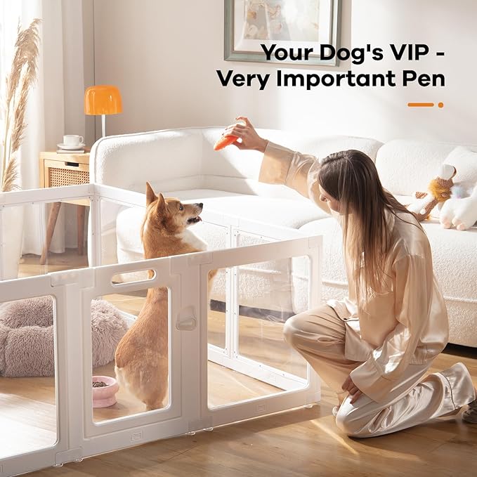 Clear Acrylic Dog Playpen Indoor, Puppy Cat Small Pet Play Pen, Pet Cat Playpen for Rabbits, Dog Fence Crate Kennel Whelping Cage (White, Door + Panel)