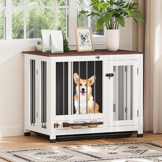 Dog Crate - 31.5" Wooden Dog Kennel Furniture with 360° Rotating Feeder & Removable Tray | Multi-Functional End Table for Medium & Small Dogs, White Dog Cage Indoor, Portable Pet Furniture