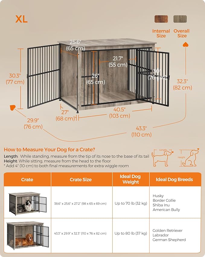Feandrea 43.3" Dog Crate Furniture, Heavy-Duty Dog Cage Side End Table, XL Pet Wood Kennel for Large and Medium Dogs up to 80 lb with Enclosed Base, Double-Door Pet House, Greige