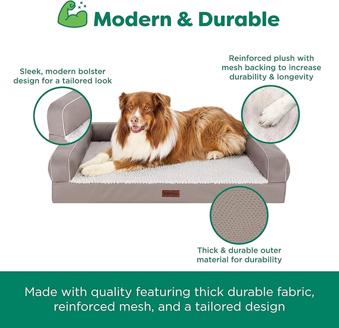 Furhaven Cooling Dog Sofa Bed – Memory Foam Couch with Bolsters, Textured Plush & Water-Resistant Cover, Washable Cover - Greige, Medium