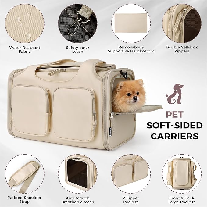 Dog, Cat Carrier for Pets Up to 12 Lbs, Airline Approved Collapsible Soft-Sided Pet Travel Bag with Locking Zippers, Breathable Mesh and 4 Large Pockets, Removable Fleece Pad (Beige)