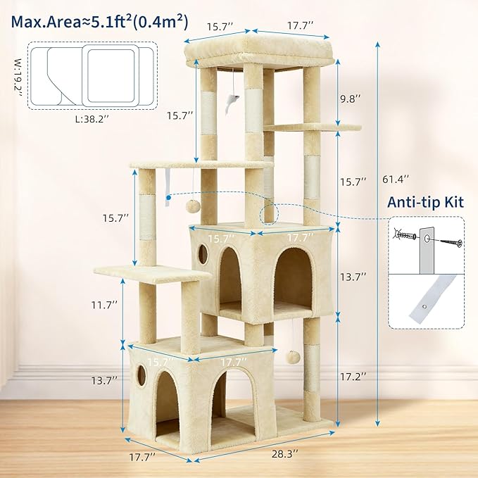 61.4 Inch Cat Tree, Large Cat Tower with Sisal Scratching Posts, 2 Spacious Cat Beds, Hanging Ball & Top Perch, Ideal for Large Indoor Adult Cats, Beige