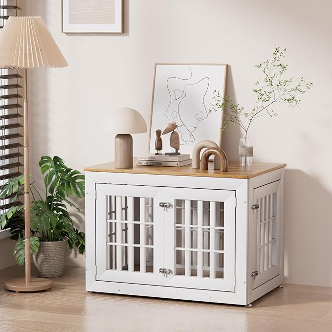 Snuowu 38" Heavy-Duty Dog Crate Furniture for Large/Medium Dogs, Rustic Wooden Dog Cage Kennel Indoor Furniture, Decorative Pet House End Table, White & Wood