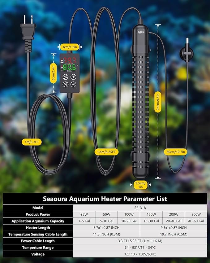 SEAOURA Small Aquarium Heater, 150W Fish Tank Heaters for 15-30 Gallon, Submersible Turtle Heater with LED Controller, Safety Protection & Auto Power-Off, Saltwater Freshwater