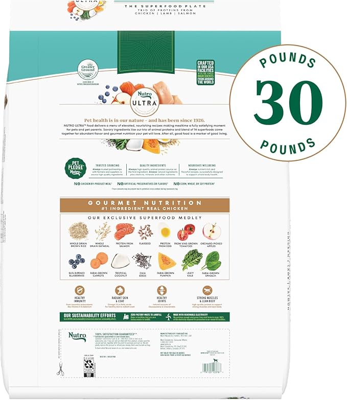 Nutro Ultra Senior Dry Dog Food, Senior Dog Food Dry Recipe with a Trio of Proteins from Chicken, Lamb and Salmon, 30 lb. Bag
