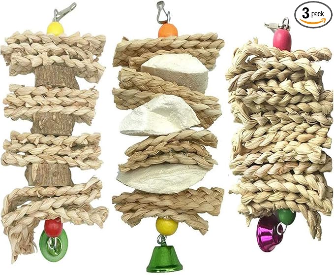 Hamiledyi Parrot Toys Chewing Bird Toy Cuttle Bone Beak Grinding Cage Hanging Bell Toys for African Greys Amazon Conure Eclectus Budgies Parakeet Cockatiel Hamster Chinchilla Rabbit 3 Pack