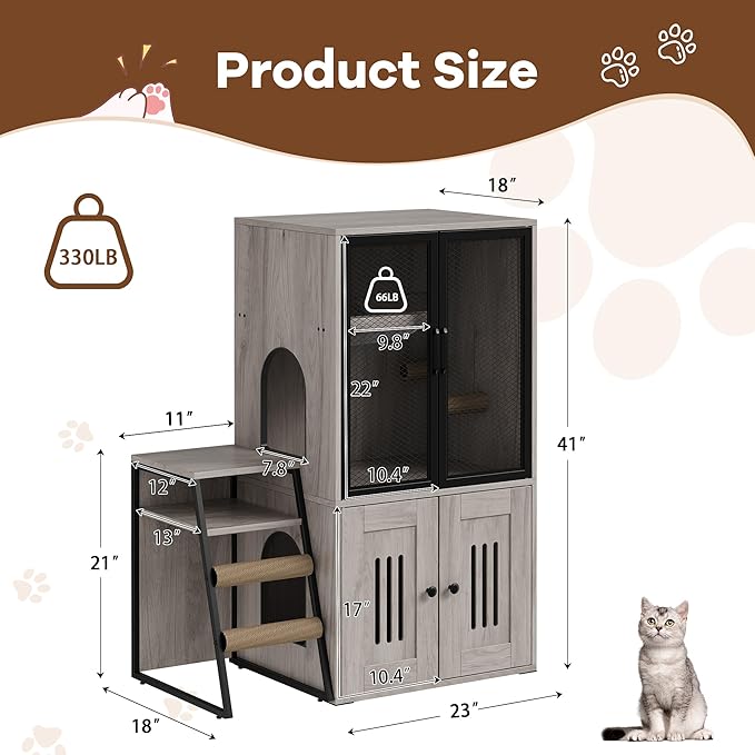 GarveeLife Cat Litter Box Enclosure with Doors, Double Cat House with Storage Space, Enclosed Litter Box Furniture with Ladder, Grey