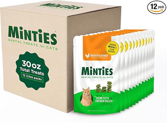 Minties Dental Treats for Cats, Chicken Flavored Treats for Cats, Freshens Breath and Controls Tartar, 30oz (12 2.5oz Bags)