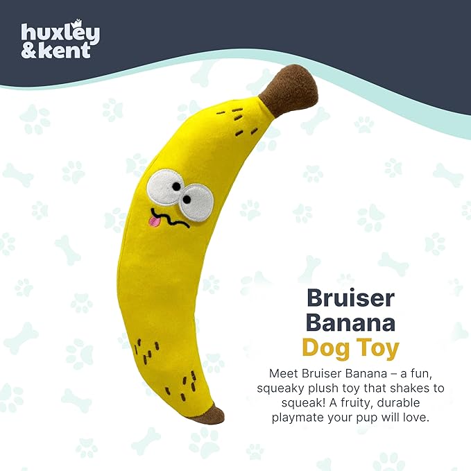 Huxley & Kent Funny Dog Toy w/Squeaker – Power Plush Squeaky Dog Toys for Small, Medium & Large Dogs – Soft Stuffed Animal for Indoor Play & Fetch - Fetchies® Bruiser Banana, Small