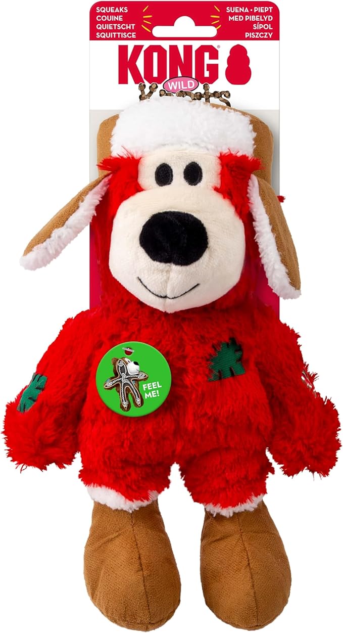 KONG Christmas Holiday Wild Knots Bear Dog Toy – Durable Rope Skeleton, Squeaker for Long-Lasting Play, Less Stuffing for Less Mess, Assorted Colors (1 Pack, Medium/Large)