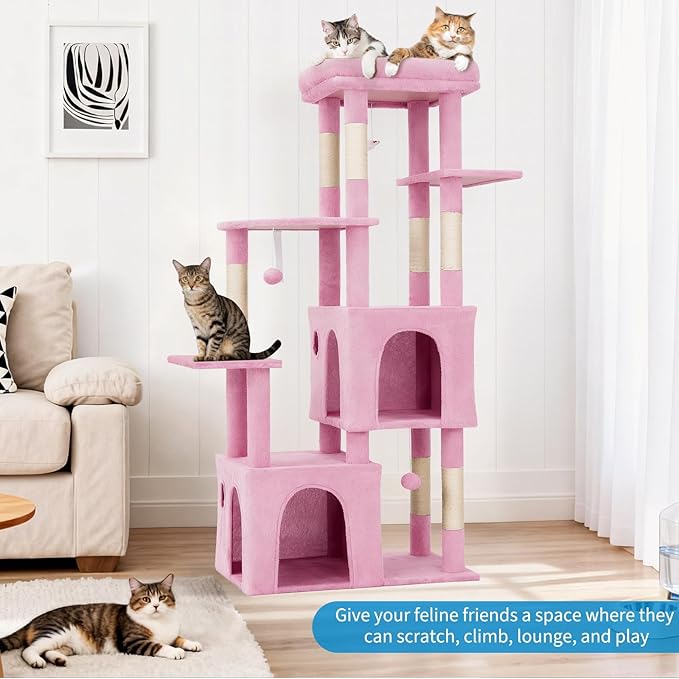 GarveeLife 61" Multi-Level Cat Tree for Indoor Cats, Heavy-Duty Tower for Large Adult & Maine Coon Cats with Oversized Perch, Dual Condos, Natural Sisal Scratching Posts & Play Toys – Pink