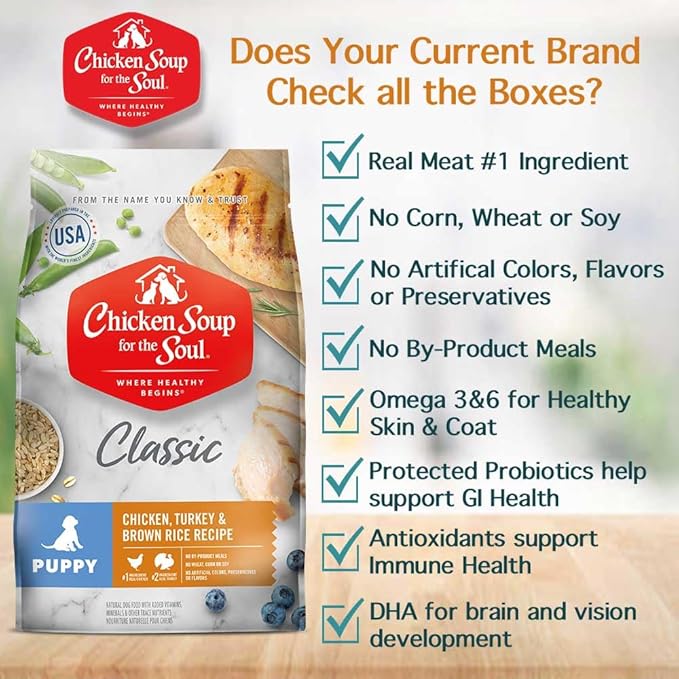 Chicken Soup for the Soul All Natural Premium Dry Puppy Food, Real Meat First Ingredient, No By-Products, Supports Brain Development & Strong Bones & Teeth, Chicken, Turkey & Brown Rice, 4.5lb