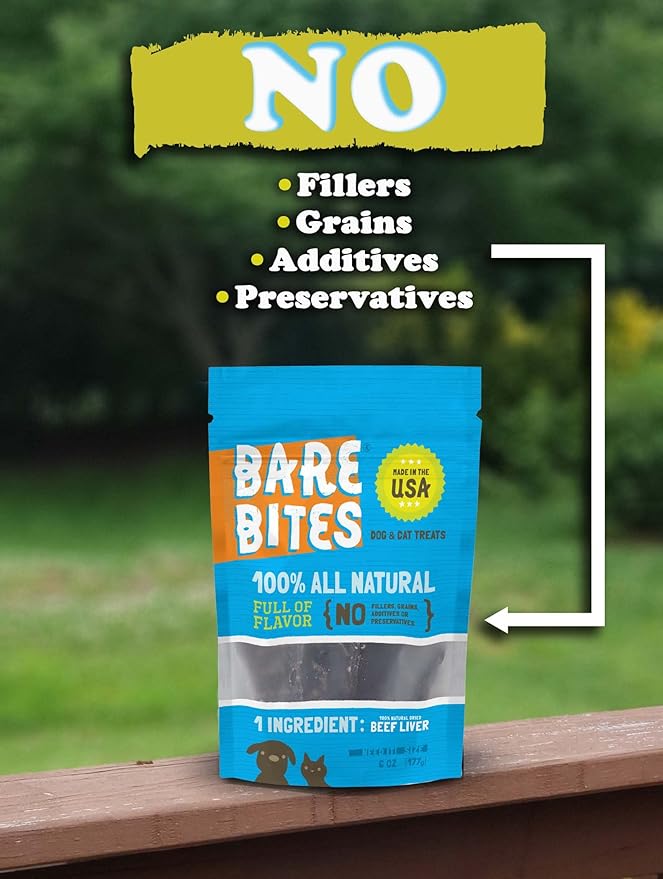Bare Bites - 100% All Natural Dehydrated Beef Liver Dog and Cat Treats (6 Ounce Bag) (6 Ounce Bag)