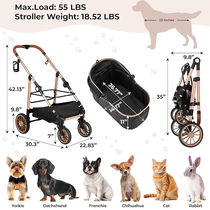 MAMIZO Pet Stroller for Medium Dogs Cats Up to 55 lbs, All-Terrain 3-in-1 Dog Stroller with Detachable Carrier, Rubber Wheels, One-Click Folding, Storage Basket & Cup Holder, for Senior Dogs & Cats