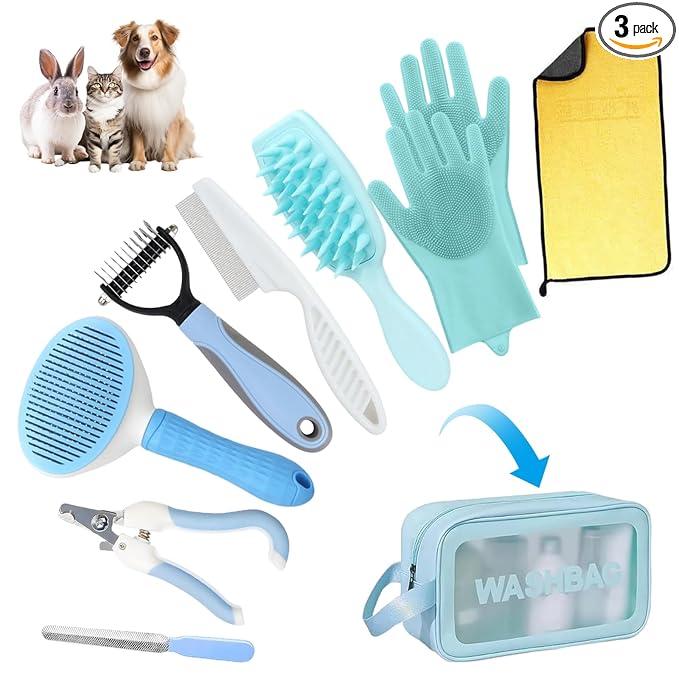 Aglads 3PCS Cat Rabbit Bunny Dog Grooming Kit, Self-Cleaning Slicker Cat & Dog Brush for Shedding, Fine-Needle Comb, Pet Nail Clipper & File for Long/Short-Haired Pets, Easy to Remove Loose (3, blue)