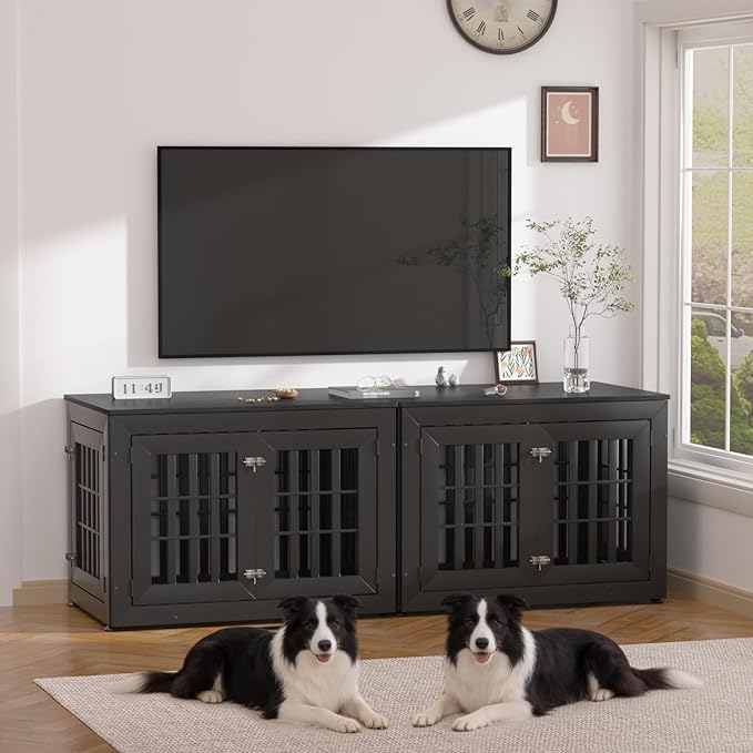 Snuowu 38" Heavy-Duty Dog Crate Furniture for Large/Medium Dogs, Rustic Wooden Dog Cage Kennel Indoor Furniture, Decorative Pet House End Table, Black