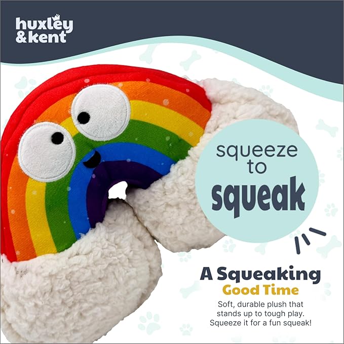 Huxley & Kent Funny Dog Toy w/Squeaker – Power Plush Squeaky Dog Toys for Small, Medium & Large Dogs – Soft Stuffed Animal for Indoor Play & Fetch - Happy Rainbow, Small