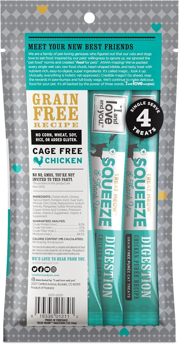 I AND LOVE AND YOU Treat Meow Lickable Cat Treats - Chicken Puree - Digestion Support, Squeeze Treat, 0.5oz, 4ct