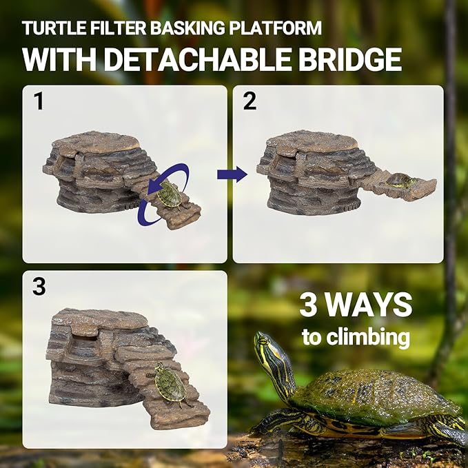 REPTIZOO Turtle Tank Filter, 120GPH Turtle Filter Basking Platform with Detachable Bridge for Climbing Ramps and Diving, Quiet Aquatic Reptile Filter Keeps Water Clean, Terrarium Decor