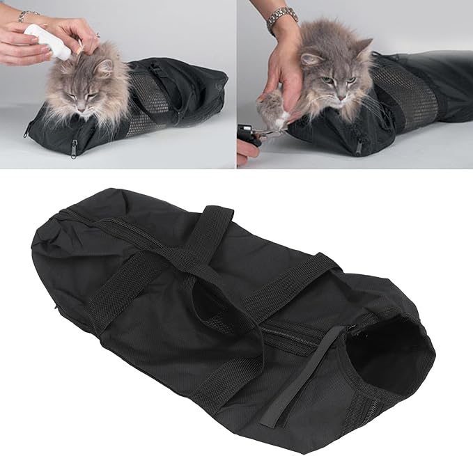 Cat Grooming Bag, Comfortable and Cat Bathing Bag with Easy Access for Nail Trimming and Cleaning, Sturdy Oxford Cloth Cat Restraint Bag (Black) with Multifunctional Use