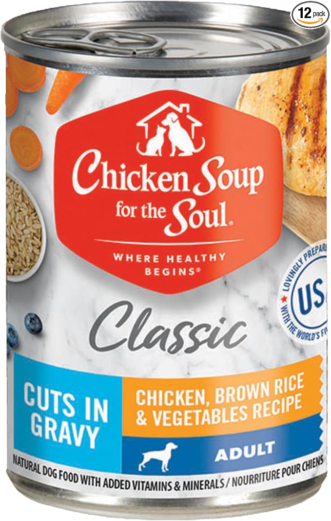Chicken Soup for The Soul All Natural Premium Adult Wet Dog Food, Real Meat First Ingredient, No by-Products, Chicken, Brown Rice & Vegetables Cuts in Gravy, 13oz (Pack of 12)