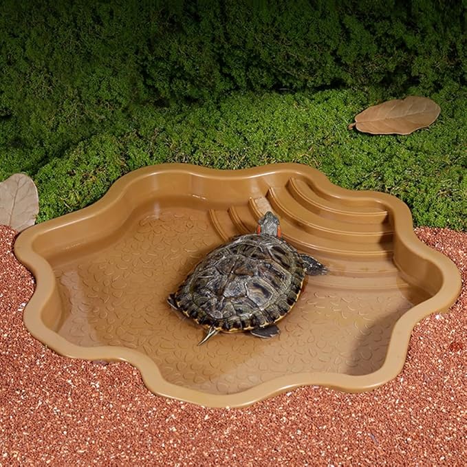 Turtle Bathing Pool, Reptile Feeding Dish Water Pot, Landscape Fish Tank Decoration, Lizard Turtle Bathing Pool for Aquatic Climbing Pet - Earthy Yellow