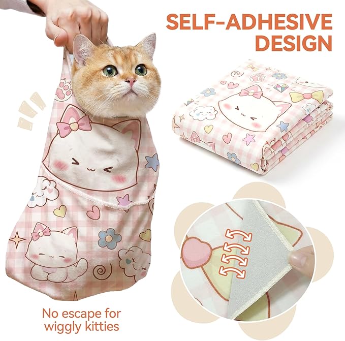 BFNN Cat Grooming Wrap for Cutting Nails, 31.5" Anti-Escape Calming Cat Swaddle Wrap for Medicine, Nail Clipping, Teeth Brushing, Ear Cleaning, Self-Adherent Burrito Restraint, (Happy Kitty, XL)
