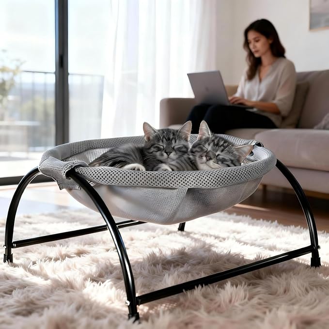 Elevon Elevated Cat Bed, Free-Standing Cat Hammock Bed, Pet Bed with Metal Frame for Indoor Outdoor, Machine Washable & Breathable Easy Assembly, up to 40lbs