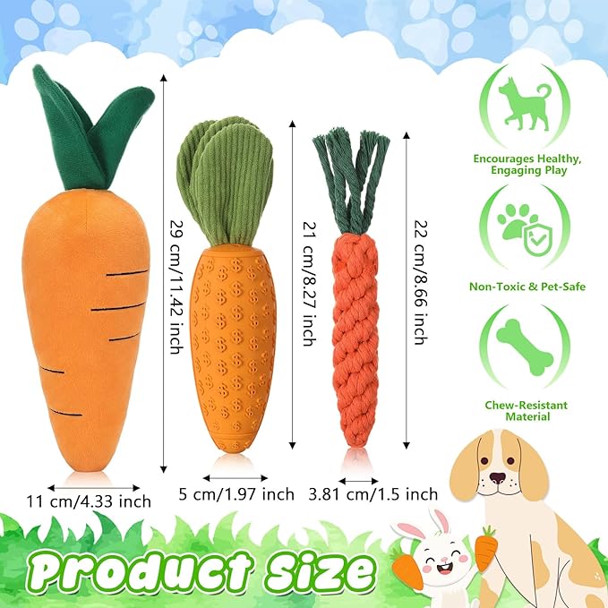 3pcs Easter Carrot Dog Toys Set, Includes Rope, Rubber, Plush Dog Chew Toys for Dogs, Cats, and Pets, for Training and Interactive
