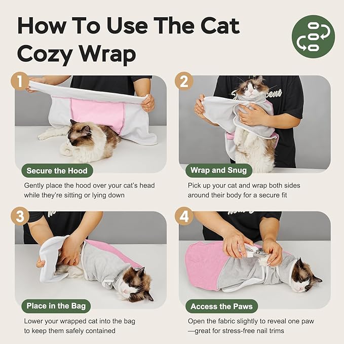 Cat Wrap for Cutting Nails, Self-Adhesive Cat Nail Clipping Restraint Bag, Anti-Scratch Cat Grooming Wrap Swaddle for Meds, SubQ Fluids, Ear Cleaning, Teeth Brushing & Vet Visits,Pink,M