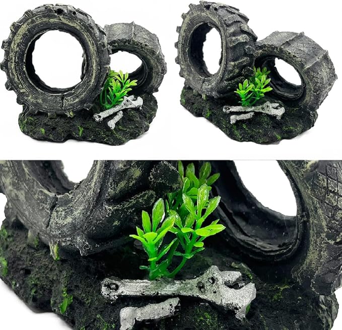 Mipukbay Fish Tank Decoration, Truck Wheel Aquarium Decor Hiding Cave Ornament for Freshwater/Saltwater, Safe Landscaping Rock Resin Decoration for Betta Fish, Goldfish and Aquatic Pets