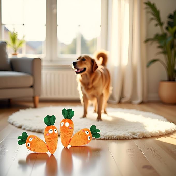 4 Pcs Soft Dog Cute Carrot Plush Chew Squeaker Plush Dog and Cat with Multi-Squeaks Sound Pet Puppy Supplies