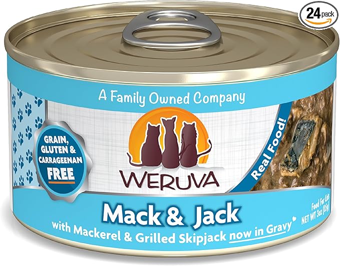 Weruva Classic Cat Food, Mack & Jack with Mackerel & Grilled Skipjack in Gravy, 3oz Can (Pack of 24)