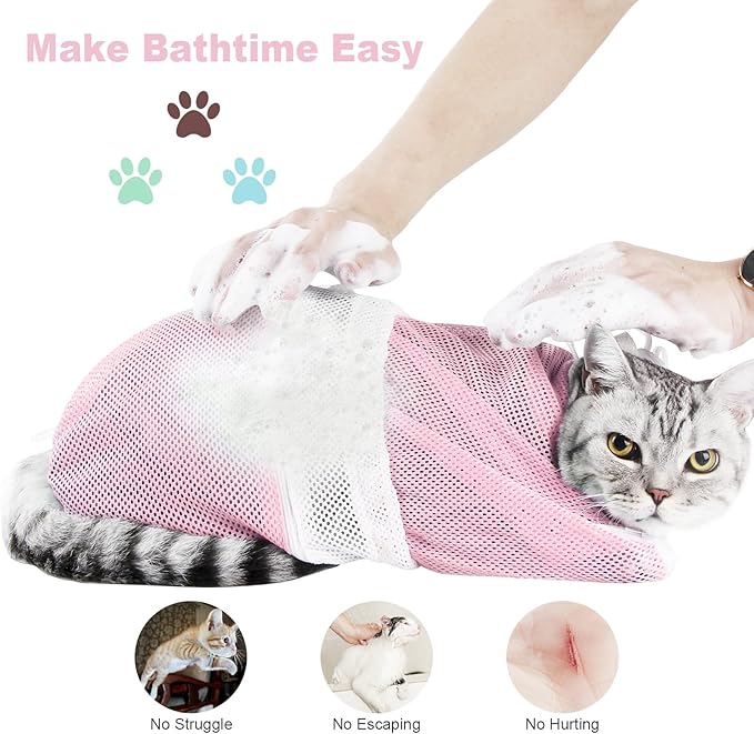 Cat Bathing Bag Adjustable Cat Grooming Net Bag Anti-bite & Anti-Scratch Cat Bath Washing Restraint Bag, Breathable Mesh Cat Grooming Bag for Shower, Nail Trimming, Injection