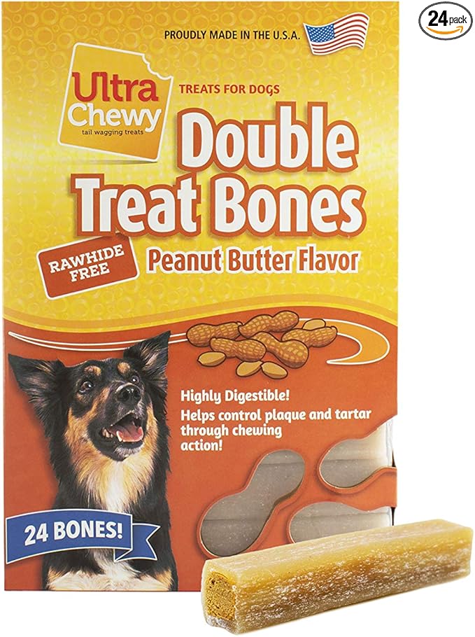 Ultra Chewy Peanut Butter Double Treat Bones: Long-Lasting Dog Treats Made in USA for Large and Small Breeds, Highly Digestible, Ideal for Aggressive Chewers (24 Count)