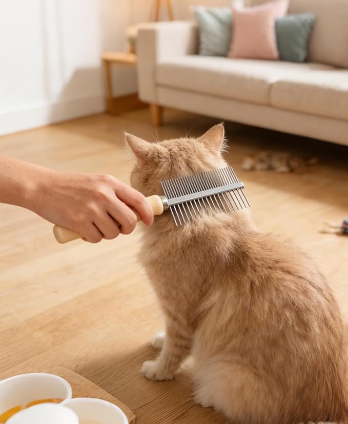 Double Row Undercoat Rake for Dogs & Cats - Wooden Handle Metal Dog Comb, Pet Grooming Dog Rake for Deshedding & Detangling