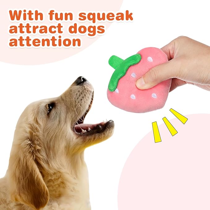 Beavorty Strawberry Squeaky Dog Toy 3.54 Inch Fruit Shape Pet Chew Toy for Puppies Cats 2 Pack Rubber Plaything to Reduce Destructive Chewing