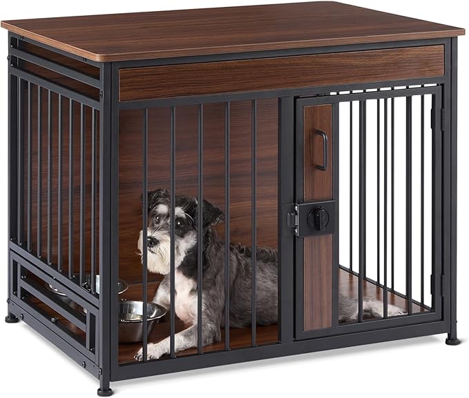 Amazon Basics Furniture Style Dog Crate, Sturdy Wooden Pet Kennel, End Table with Space for Pet, Two Bowls Included, 30" x 20.4" x 23.6", Walnut